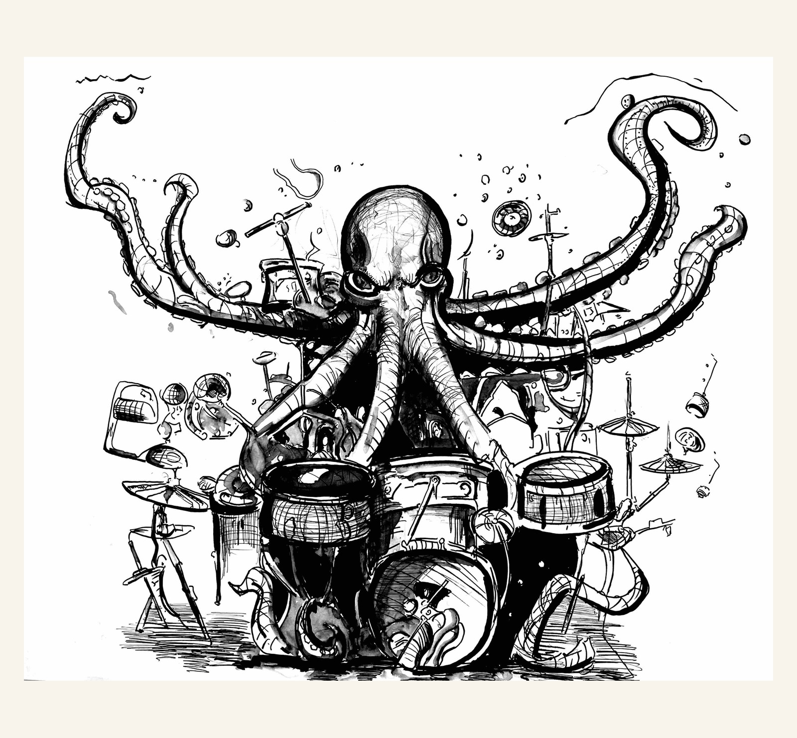 Dessin à l’encre d’une pieuvre musicienne